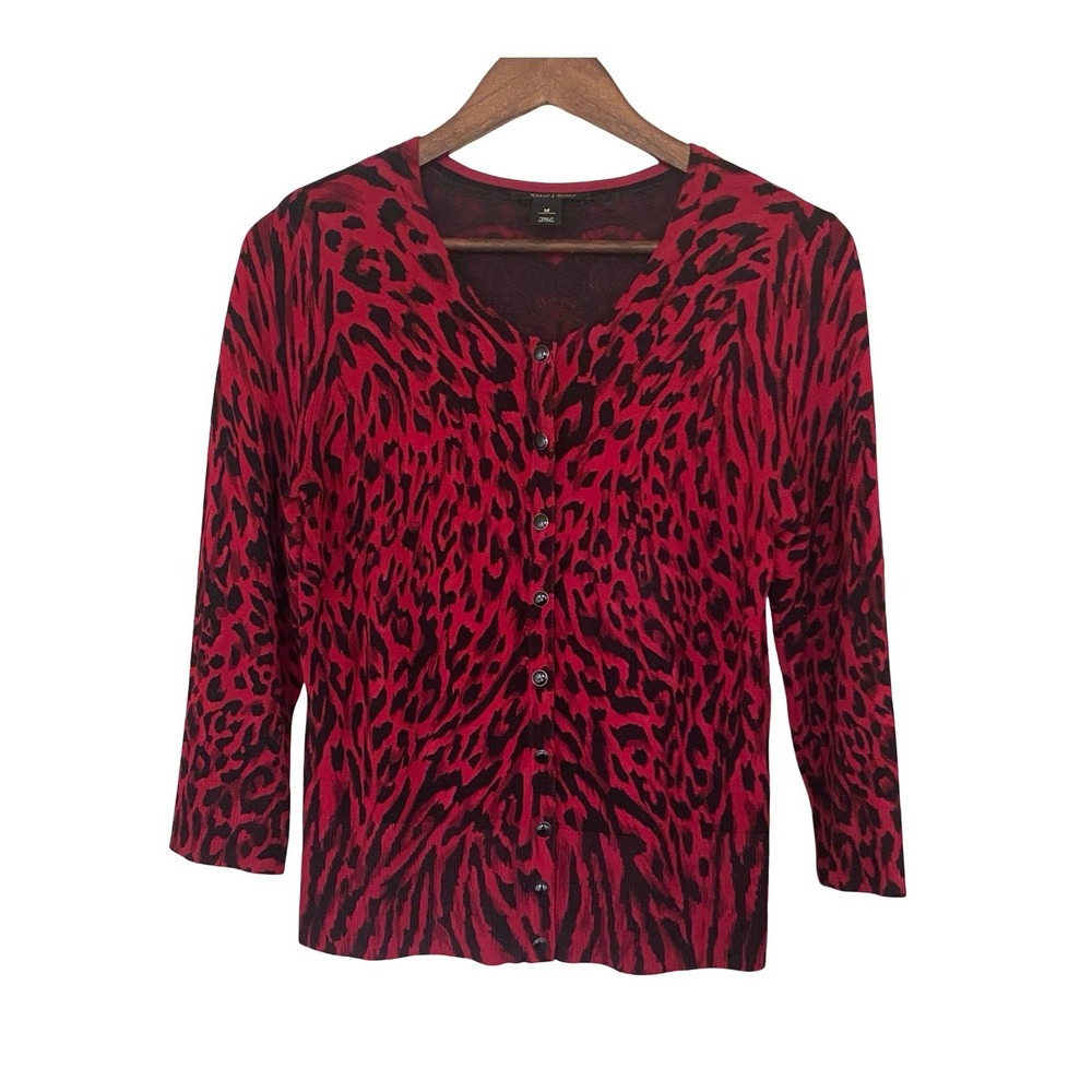 White House Black Market Leopard Women Cardigan Pink Lace Back Button Y2K Style